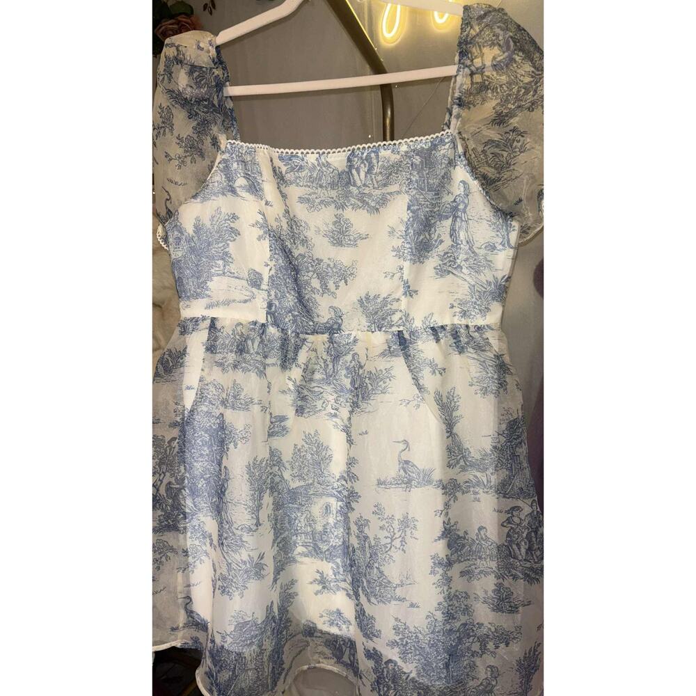 NWT Cider Chinoiserie Size 1XL Blue & White Puff Sleeve Mini Dress - Picture 5 of 5